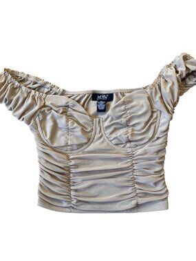 Just Polly Y2K McBling Ruched Bustier Crop Top Medium Beige Romantic Milkmaid